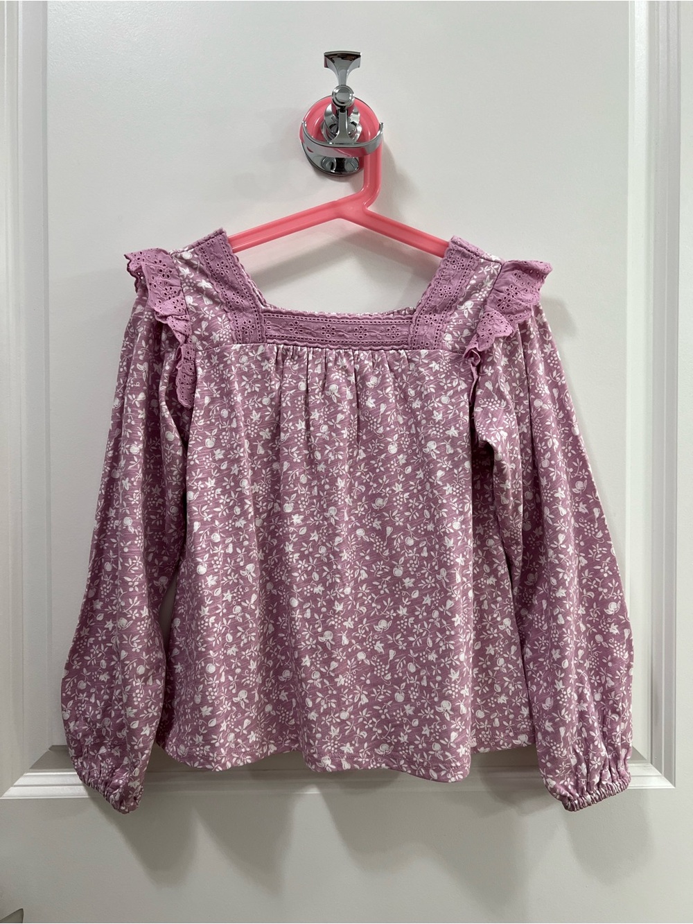Mini Boden Soft Lavender Floral Square Neck Broderie Mix Top Size 6-7